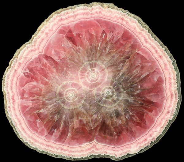A slice of a Rhodochrosite stalactite from the famed Capillitas Mine in Argentina